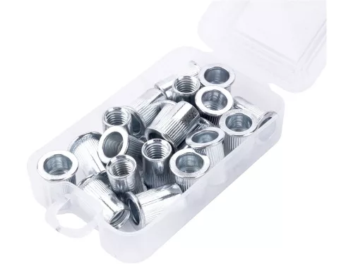 FORTUM szegecsanya klt. 20 db, M10, POP-NUT, horganyzott acél, kerek, nyitott, lapos peremű, rovátkolt FORTUM
