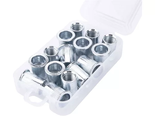 FORTUM szegecsanya klt. 15 db, M12, POP-NUT, horganyzott acél, kerek, nyitott, lapos peremű, rovátkolt FORTUM