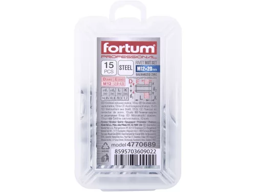 FORTUM szegecsanya klt. 15 db, M12, POP-NUT, horganyzott acél, kerek, nyitott, lapos peremű, rovátkolt FORTUM