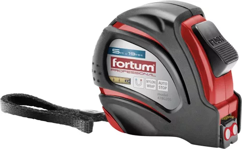 FORTUM mérőszalag, 1 stop, ABS ház, gumírozott; 5×19mm nylon bevonatú szalag, mágneses vég