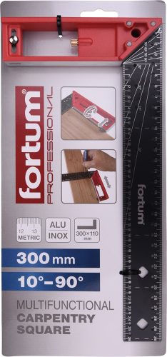 FORTUM  asztalos L-derékszög, 300 mm, ALU/Inox, lézer gravírozott, mm beosztás,