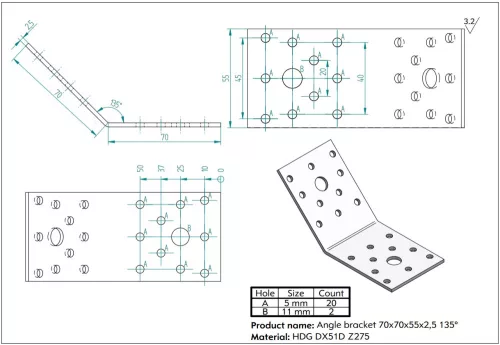 Szeglemez D ZS 775 70x70x55 135 fokos
