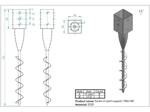 TALAJCSAVAR ZÁRT 100mm CSAVAROS TARTÓOSZLOP, oszlopszélesség: 100mm, teljes hossz: 750mm