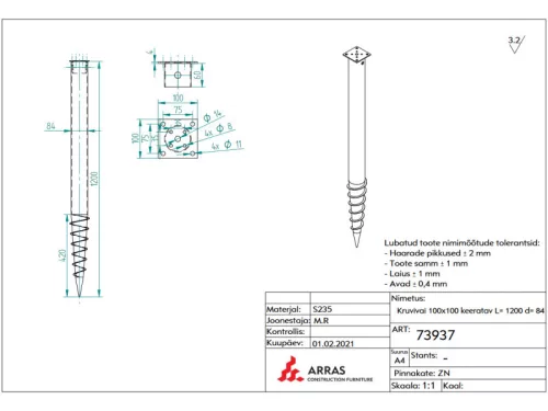 TALAJCSAVAR TALPAS 100mm CSAVAROS TARTÓOSZLOP, tartólap mérete: 100mmx100mm, teljes hossz:1200mm