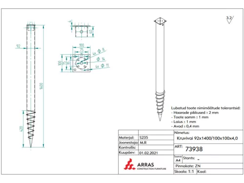 TALAJCSAVAR TALPAS 100 mm CSAVAROS TARTÓOSZLOP, tartólap mérete: 100mmx100mm, teljes hossz:1400mm