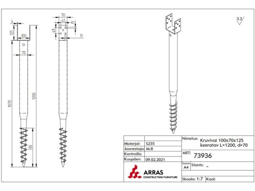 TALAJCSAVAR U alakú 100mm CSAVAROS TARTÓOSZLOP, oszlopszélesség: 100mm, teljes hossz:1200mm