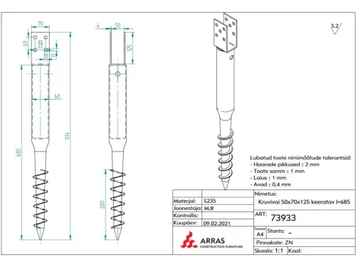 TALAJCSAVAR U alakú 50mm CSAVAROS TARTÓOSZLOP, oszlopszélesség: 50mm, teljes hossz: 814mm