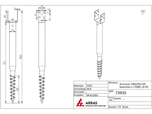 TALAJCSAVAR U alakú 100mm CSAVAROS TARTÓOSZLOP, oszlopszélesség: 100mm, teljes hossz:1000mm