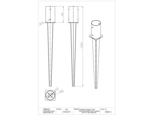 Beüthető oszloptartó kör 150/80, hossz=750mm