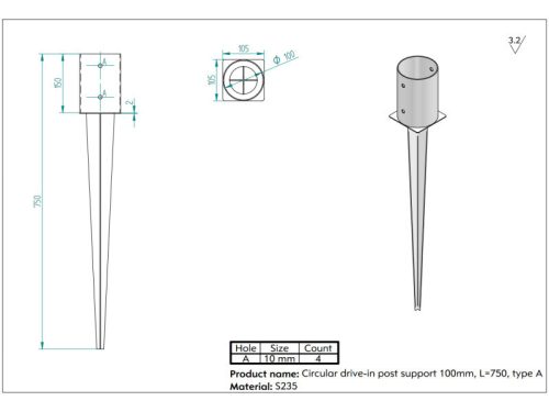 Beüthető oszloptartó kör 150/100, hossz=750mm