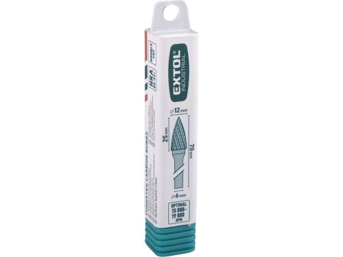 EXTOL INDUSTRIAL keményfém turbómaró (rotormaró), íves, hegyes orrú, átmérő 12×25mm/szár 6mm, keresztfogazás