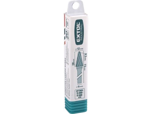 EXTOL INDUSTRIAL keményfém turbómaró (rotormaró), kúpos, kerek orrú, átmérő 12×28mm/szár 6mm, keresztfogazás