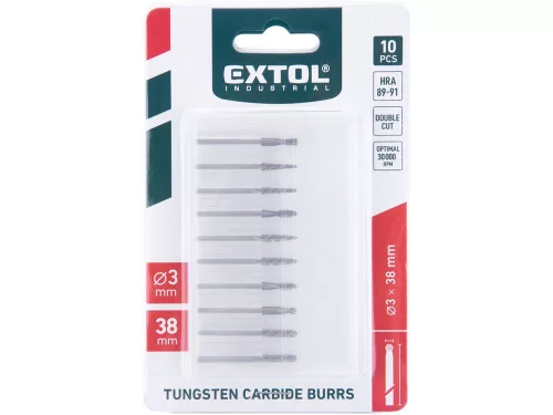 EXTOL INDUSTRIAL mini keményfém turbómaró (rotormaró) klt. 10 db, átmérő 3mm /szár 3mm, keresztfogazás