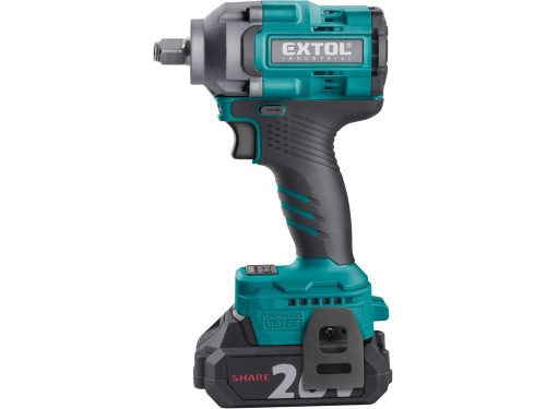 EXTOL INDUSTRIAL  akkus ütvecsavarozó, Share20V, 1/2" szénkefe mentes, négyszög, Li-ion; 20V akku: 2Ah, töltő, 500 Nm