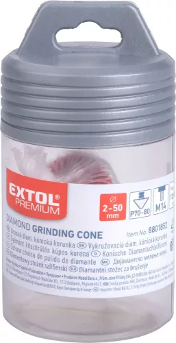 EXTOL PREMIUM lyukmaró, kúpos (lyuktágító/lyukfúró/furat csiszoló) csempére, gyémánt bevonat; 50mm × M14, sarokcsiszolóra