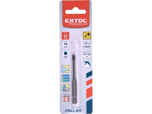 EXTOL PREMIUM fúró üvegre, kerámiára és csempére, keményfém lapkás; 5×75mm, 1/4" hatszög befogás