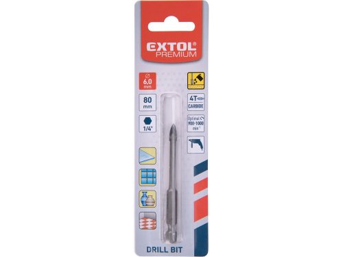 EXTOL PREMIUM fúró üvegre, kerámiára és csempére, keményfém lapkás; 6×80mm, 1/4" hatszög befogás