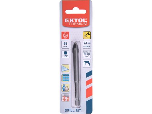 EXTOL PREMIUM fúró üvegre, kerámiára és csempére, keményfém lapkás; 12×95mm, 1/4" hatszög befogás