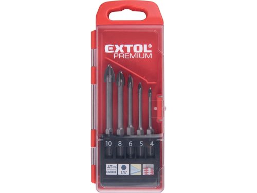 EXTOL PREMIUM fúró klt. 5 db, üvegre, kerámiára és csempére, keményfém lapkás; 4-10 mm ×100mm, 4élü, 1/4" hatszög befogás