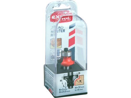 EXTOL PREMIUM felsőmaró fára, lekerekítő (homorúfejű rádiuszmaró), csapágyas, R3×D21,5×H12, befogás: 8mm, keményfém lapkás