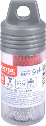 EXTOL PREMIUM körkivágó csempére, gyémánt vágóél; 32mm × M14, sarokcsiszolóba fogható