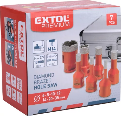 EXTOL PREMIUM körkivágó csempére klt. 7 db, gyémánt vágóél; 6-35mm × M14, sarokcsiszolóba fogható
