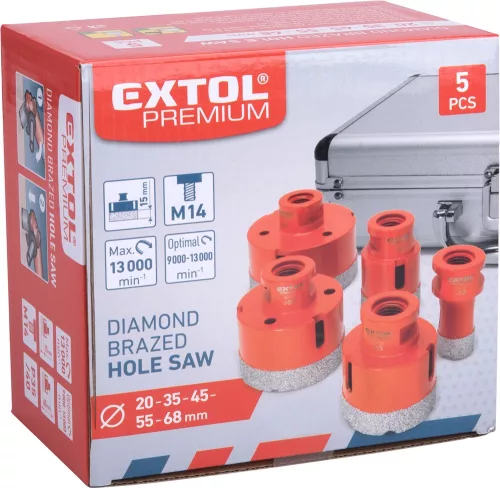 EXTOL PREMIUM körkivágó csempére klt. 5 db, gyémánt vágóél; 20-68mm × M14, sarokcsiszolóba fogható