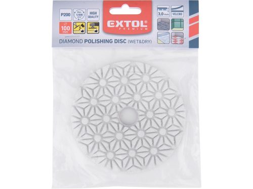 EXTOL PREMIUM gyémánt csiszolókorong/polírkorong, csempe élcsiszoló, tépőzáras; 100mm, P200, száraz és vizes