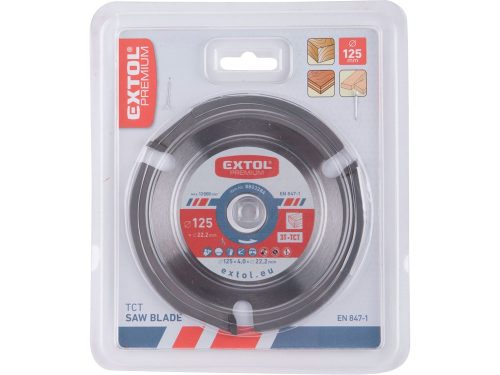 EXTOL PREMIUM körfűrészlap, keményfémlapkás, 125×22,2mm(lyuk átm), T3; 4,0 mm lapkaszélesség, max. 12.000 ford/perc