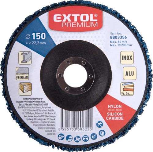 EXTOL PREMIUM csiszolókorong sarokcsiszolóhoz ("négertárcsa"), 150mm, 14 mm vastagság, üvegszálas hátlap, nylon és szilícium karbid