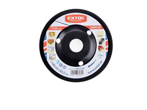 EXTOL PREMIUM faforgácsoló korong; max 13000 ford/perc, sarokcsiszolóhoz, fém, 125×22,2mm, fa csiszolásához, szakaszos használat