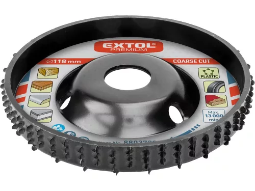 EXTOL PREMIUM faforgácsoló korong; max 13000 ford/perc, sarokcsiszolóhoz, fém, 118×18×22,2mm, fa csiszolásához, marásához