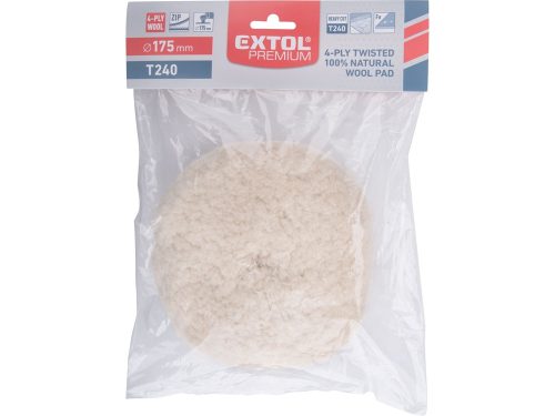 EXTOL PREMIUM polírkorong, báránybőr (gyapjú), négyrétegű, 100%, T240, 190 mm; tengely: 22 mm + 150 mm tépőzáras