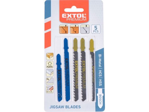 EXTOL PREMIUM dekopírlap, 5db különböző típus, Bosch befogás, HSS, HCS; Bimetál