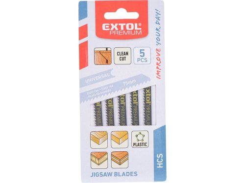 EXTOL PREMIUM dekopírlap, 5db, univerzális befogás, HCS; 75×8×1,5mm, 2,5mm fogtáv, kösz.fogak, tiszta egyenes vágás, puhafa, farostlemez