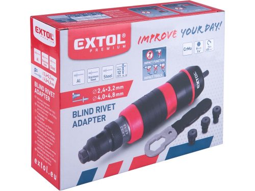 EXTOL PREMIUM  adapter klt. fúrógéphez, popszegecsekhez, 2,4-3,2-4,0-4,8 mm-es szegecsekhez; 1/4" hatszög befogás