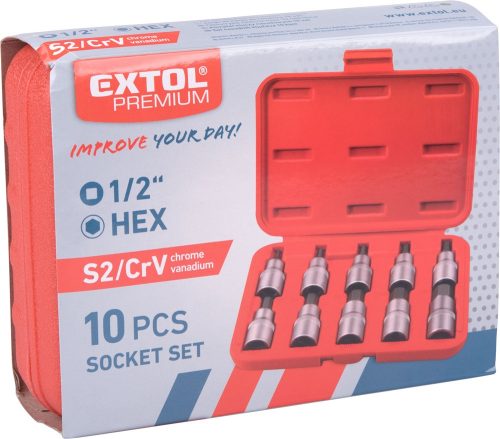 EXTOL PREMIUM  bitdugófej klt., 10db, imbusz,  1/2"×55mm (HEX 3-4-5-6-7-8-10-12-14-17), CrV/S2