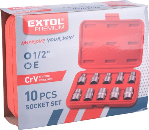 EXTOL PREMIUM  bitdugófej klt. belső, 10db, TORX,  1/2"×38mm (E8-10-11-12-14-16-18-20-22-24), CrV/S2