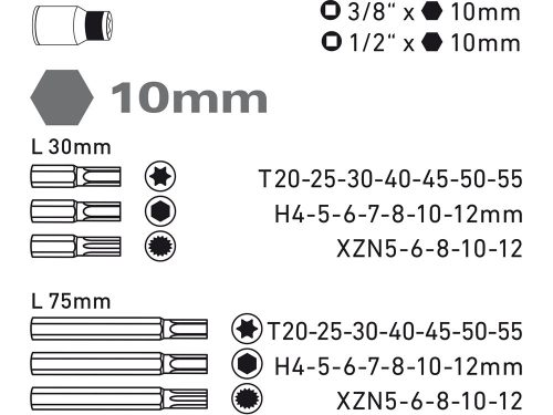 EXTOL PREMIUM bit klt. 40 db HEX-TORX-XZN, 10mm, adapter 3/8" és 1/2", CrV, műanyag dobozban