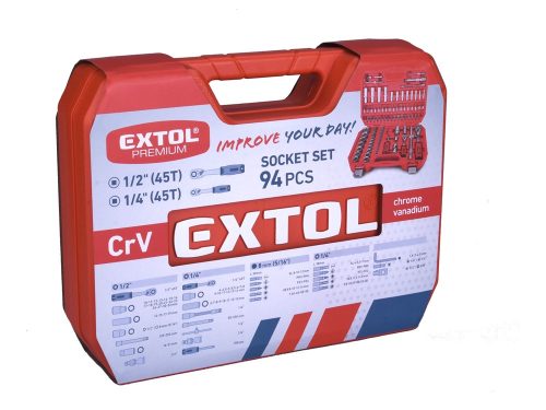 EXTOL PREMIUM  dugókulcs klt., CV., racsnis 45fog ; 1/4" és 1/2", 94db, 4-32mm, 32db bit(lapos, kereszt,imbusz,torx), gyertyakulcs16&21
