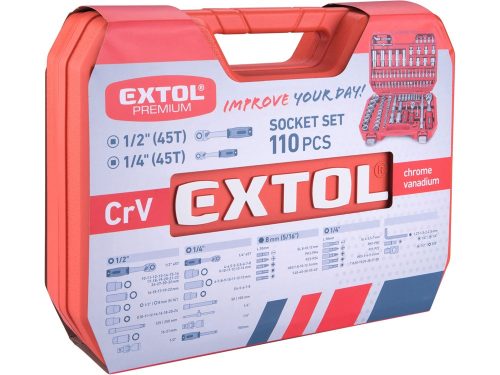 EXTOL PREMIUM  dugókulcs klt., CV., racsnis 45fog ; 1/4" és 1/2", 110db, 4-32mm, 32db bit(lapos, kereszt,imbusz,torx), gyertyakulcs