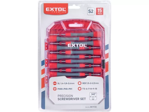 EXTOL PREMIUM órás csavarhúzó készlet 15 db S2 acél mágneses, 135 mm hosszúság, lapos, PH, HEX és TORX, műanyag doboz