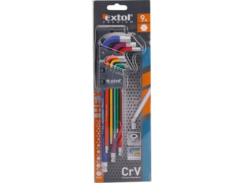EXTOL PREMIUM  imbuszkulcs klt., 9db, több színű, extra hosszú; gömbfej, 1,5-10mm, CV., 90-230mm