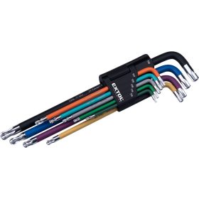   EXTOL PREMIUM  torx kulcs klt., 9db, több színű, extra hosszú, T10-T50, hosszú szár: tömör/gömbfej, rövid szár: lyukas, S2, krómozott