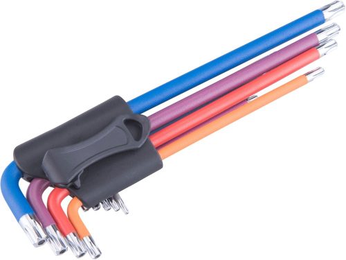 EXTOL PREMIUM  torx kulcs klt., 9db, több színű, extra hosszú, T10-T50, hosszú szár: tömör/gömbfej, rövid szár: lyukas, S2, krómozott