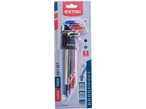 EXTOL PREMIUM  torx kulcs klt., 9db, több színű, extra hosszú, T10-T50, hosszú szár: tömör/gömbfej, rövid szár: lyukas, S2, krómozott