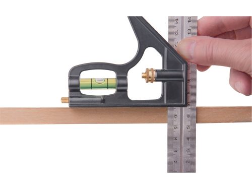 EXTOL PREMIUM asztalos kombinált derékszög/vízmérték/vonalzó, többfunkciós, 300 mm, ALU/Inox, mm beosztás, 0°-45°-90° beosztás