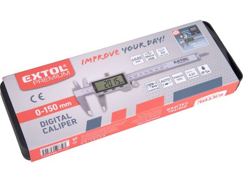EXTOL PREMIUM  digitális tolómérő; 0,01×150mm, mélységmérővel, rozsdamentes acél, pontosság ±0,02 mm, IP54