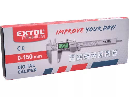 EXTOL PREMIUM  digitális tolómérő; 0,01×150mm, kijelző háttérvilágítással, mélységmérővel, rozsdamentes acél, pontosság ±0,02/0,03 mm