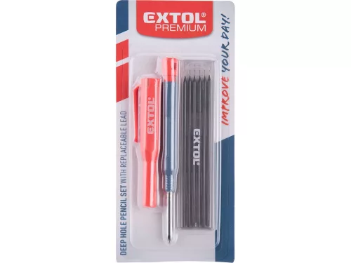 EXTOL PREMIUM ácsceruza; tölthető, átm:2,8 mm, HB, kupak klipsszel, 6 db 120 mm pótheggyel, hegyezővel
